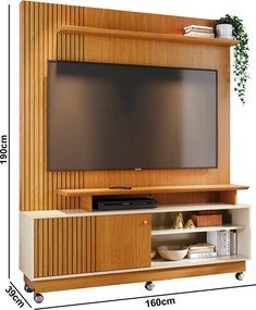Estante de TV 65 Pol 160cm com Rodízio para Sala Quirel Cinamomo/Off White M20 - D'Rossi