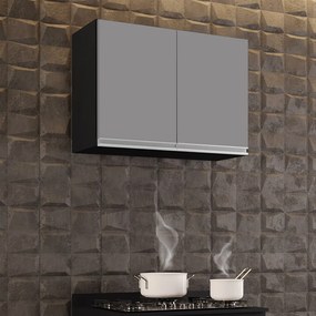 Armário Aéreo de Cozinha Lavanderia 02 Portas Eva 80 cm L06 - D'Rossi - Preto e Cinza