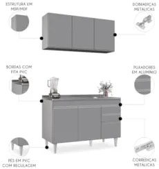 Armário Cozinha e Balcão Com Pia 120cm Michigan Cinza       - Lumil