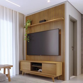 Conjunto Painel com Bancada Cesar 2 Portas Deslizantes 2 Prateleiras MDP até 65 Cumaru G97 - Gran Belo