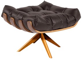 Poltrona com Puff Giratório Costela Couro Marrom Base de Madeira MA30 M11 - D'Rossi