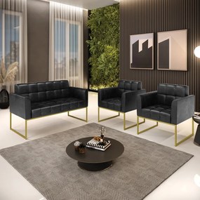 Kit 1 Sofá Namoradeira e 2 Poltronas Elisa Corano Preto Base Metálica Industrial Dourado - D'Rossi