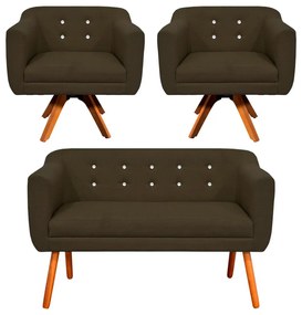 Kit 01 Namoradeira e 02 Poltronas Giratória Julia Linho com Strass Base Madeira MM30 D01 - D'Rossi  - Marrom A78