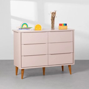 Cômoda Theo 6 Gavetas com Pés Retrô Mel - Rosa