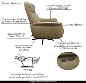 Poltrona do Papai Reclinável Retrátil Botão Elétrica Conde Giratória USB Couro Capuccino G76 - Gran Belo