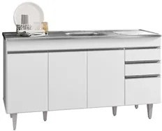 Balcão Gabinete com Pia Inox 150cm 4 Portas 2 Gavetas Marrocos Branco