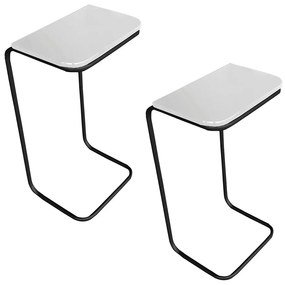 Kit 02 Mesas Lateral Tampo Branco Multiuso para Sofá Base Metálica D'Rossi - Preto