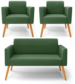 Sofá Namoradeira com 2 Poltronas Pés Palito Castanho Marisa Suede Verde D03 - D'Rossi