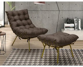 Puff Decorativo Sala de Estar Abel Pés Dourado Linho Marrom G41 - Gran Belo