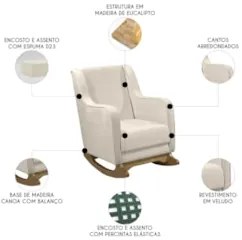 Poltrona Amamentação Base Madeira Balanço Vick Veludo Off F03 - Mpozen
