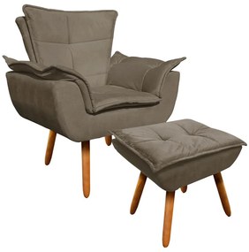 Poltrona e Puff Decorativo Pé Palito de Madeira Opala Suede D03 - D'Rossi - Marrom Rato