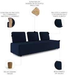 Sofá 3 Lugares 222cm Sala de Estar Rovier Veludo Azul Z32    - Mpozena