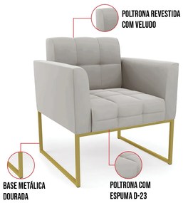 Kit 1 Sofá Namoradeira e 1 Poltrona Elisa Veludo Base Metálica Industrial Dourado D03 - D'Rossi - Cinza