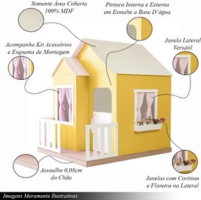 Casinha de Brinquedo Artesanal Janela Lateral Versátil com Cortinas MDF Amarelo/Branco L12 - Gran Belo