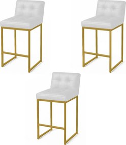 Banqueta Cozinha Alta com Encosto Industrial Kit 3 Dourado Lirina PU Branco C05 - D'Rossi
