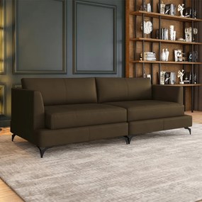 Sofá Living Bipartido 210cm Indonésia Pés de Ferro Couro Capuccino G52 - Gran Belo