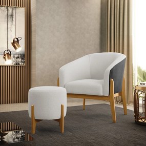 Poltrona e Puff Decorativo Base Madeira Stella PU Preto/Bouclê D03 - D'Rossi - Off White