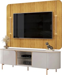 Painel e Bancada TV 65" 2 Portas Deep Luminárias Douradas Pés Metálicos Bali/Cedro G18 - Gran Belo