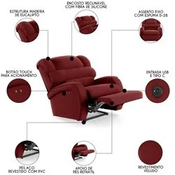 Poltrona do Papai Reclinável Kalie Power Touch USB FH9 Veludo Vermelho