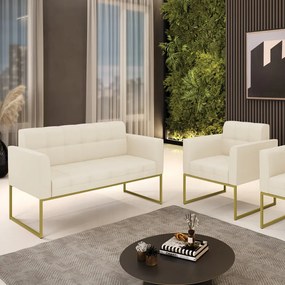 Kit 1 Sofá Namoradeira e 1 Poltrona Elisa Linho Bege A19 Base Metálica Industrial Dourado - D'Rossi