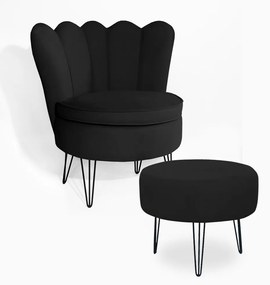 Poltrona Decorativa Dália com Puff Chloe Hairpin Legs Preto Veludo Preto