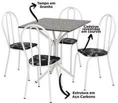 Jogo de Mesa e 04 Cadeiras Thais com Tampo Granito Branca/Assento Pret