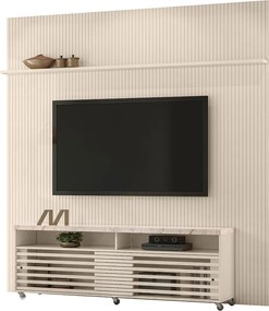 Painel TV 75 Pol 238cm Ripado Kalven com Rack Bancada Nerion M20 - D'Rossi - Calacata(brilho)/Off White(brilho)