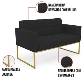 Kit 1 Sofá Namoradeira e 2 Poltronas Elisa Veludo Base Metálica Industrial Dourado D03 - D'Rossi - Preto