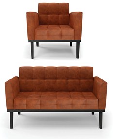 Conjunto Poltrona e Namoradeira Decorativa Karen Pés Fixo em Madeira Preto Pu Nozes G19 - Gran Belo