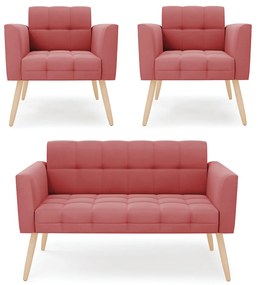 Kit 1 Sofá Namoradeira e 2 Poltronas Elisa Suede Rosê Pés Palito Natural - D'Rossi
