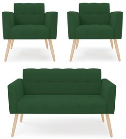 Kit 1 Sofá Namoradeira e 2 Poltronas Elisa Veludo Pés Palito Natural - D'Rossi - Verde