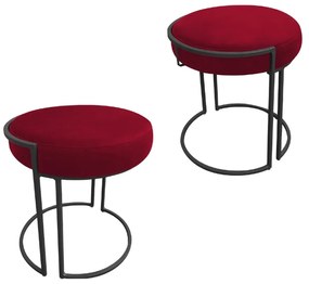 Puff Redondo Base Industrial Preto Kit 2 Love Suede - Vermelho