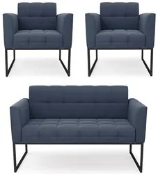 Sofá Namoradeira e 2 Poltronas Base Industrial Preto Ana Suede Azul Ma