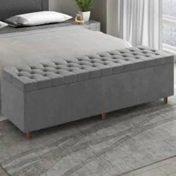 Recamier Baú Estofado Queen 160cm Indra Veludo Cinza Z04 - Mpozenato
