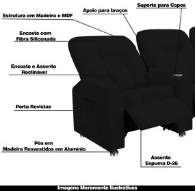 Poltrona Reclinável 3 lugares para Sala de Cinema Pequim Veludo Preto G23 - Gran Belo