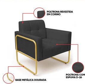 Poltrona Sala Industrial Alta Tubo Dourado Kit 2 Elisa Sintético D03 - D'Rossi - Grafite