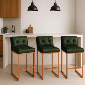 Banqueta Cozinha Alta com Encosto Industrial Kit 3 Bronze Lirina PU Verde C05 - D'Rossi