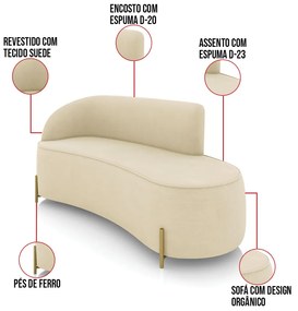 Sofá 3 Lugares Orgânico 180cm Pé Dourado Morgan Suede D03 - D'Rossi - Bege