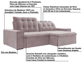 Sofá Retrátil 274 cm Sala de Estar Gabi Suede Rosê G52 - Gran Belo