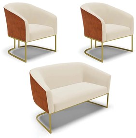 Namoradeira e 2 Poltronas Industrial Dourado Stella Noz/Linho D03 - D'Rossi - Bege