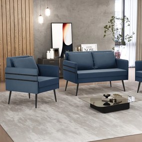 Kit 01 Namoradeira 02 Lugares e 01 Poltrona Mari Suede Pés Palito de Ferro D03 - D'Rossi - Azul Marinho