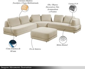 Sofá de Canto Modulado Vercelli 642cm com Almofadas Soltas e Puff Veludo Luxo Bege  G92 - Gran Belo