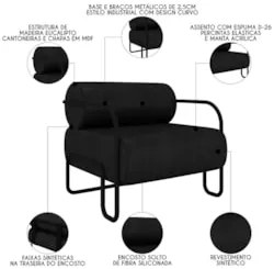 Poltrona Decorativa para Sala Industrial Kit 2 Kira Z08 Sintético Pret