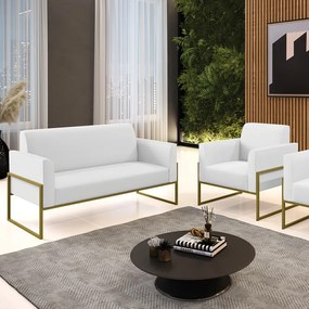 Sofá Namoradeira com Poltrona Base Industrial Alta Dourado Marisa Corino D03 - D'Rossi - Branco