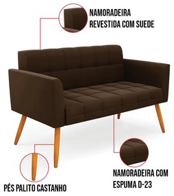 Kit 1 Sofá Namoradeira e 1 Poltrona Elisa Suede Pés Palito Castanho D03 - D'Rossi - Marrom