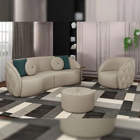 Conjunto Decorativo Sofá 288cm e Poltrona Clarke com Puff Round Linho Bege G45 - Gran Belo