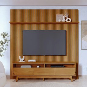 Painel TV 75 Pol 238cm Ripado Kalven e Bancada Elarin M20 - D'Rossi - Cumaru(fosco)
