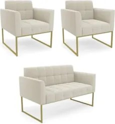 Namoradeira e 2 Poltronas Industrial Dourado Ana Bouclé Bege - Ibiza