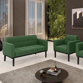 Conjunto Poltrona e Namoradeira Decorativa Karen Pés Fixo em Madeira Preto Suede Verde G19 - Gran Belo
