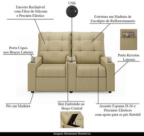 Poltrona do Papai Reclinável Sala de Cinema Movie 2 Lugares Manual Baú USB PU Bege G23